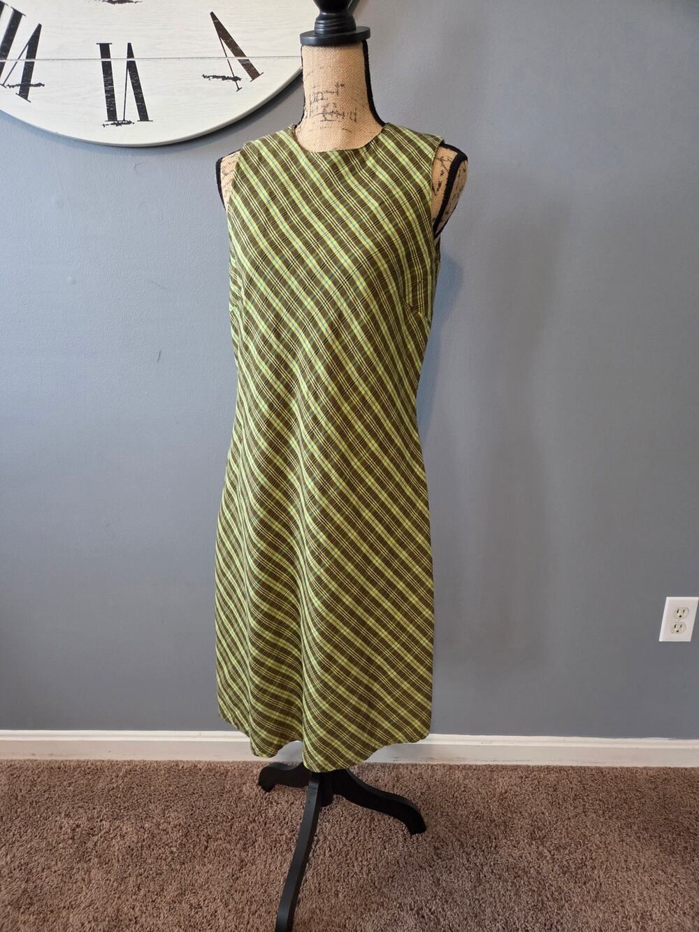 Crossroads vintage linen blend midi plaid green sleeveless shift dress 10